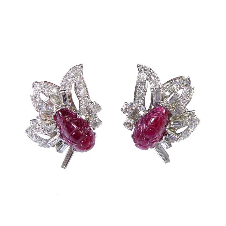 Pair of carved ruby and diamond cluster earrings